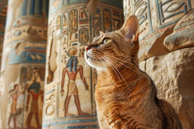 majestic-cat-posing-front-ancient-egyptian-temple-hieroglyphs-carvings